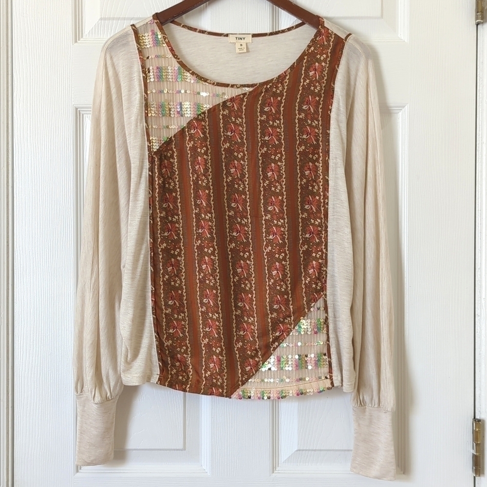 Tiny Anthropologie Sammi Sequined & Floral Long Dolman Balloon Sleeve Top Small